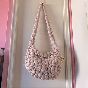 Pale Pink/Cream Color Quilted Puffer Slouchy Bag with Crossbody Strap